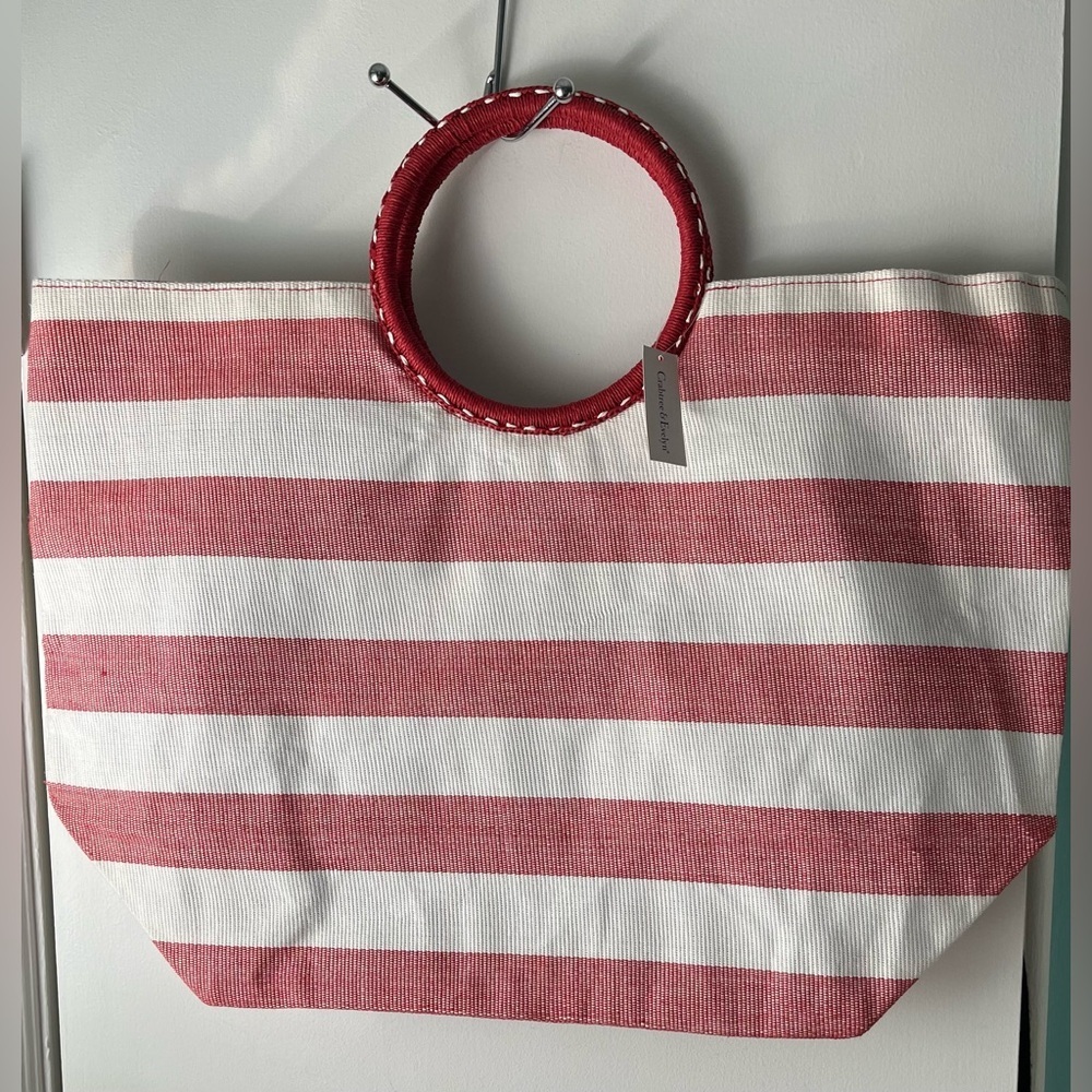 NWT CRABTREE & EVELYN Red White Striped Wrapped Circular Handles Beach Tote
